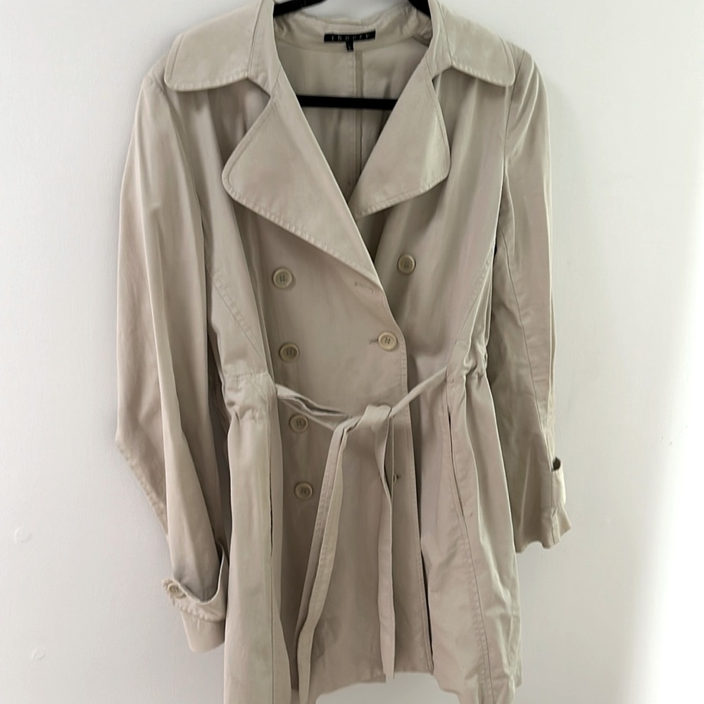 Theory khaki double breasted belted trench coat size Large